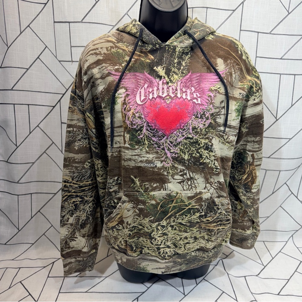 Y2K Cabelas Camo Hoodie‎ Womens Medium Green Advantage Max 1 Open Terrain Heart.